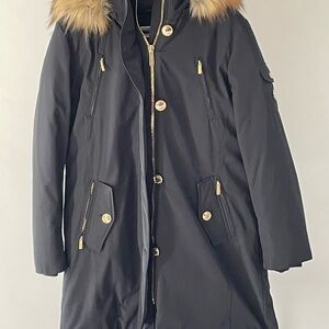 Michael Kors Faux Fur Hooded Black Parka Coat Gold Hardware Size L